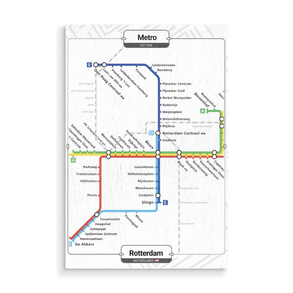 Holzbild "U -Bahn - Rotterdam" artboxONE - Städte,Architektur,Kartografie - Stadt,U -bahn,Transit,Schiene,Transport,Karte,Fluss,Rotterdam,Niederlande