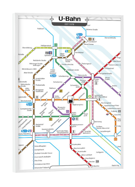 Poster mit weißem Rahmen "U -Bahn - Wien" artboxONE - Städte,Städte / Wien,Kartografie