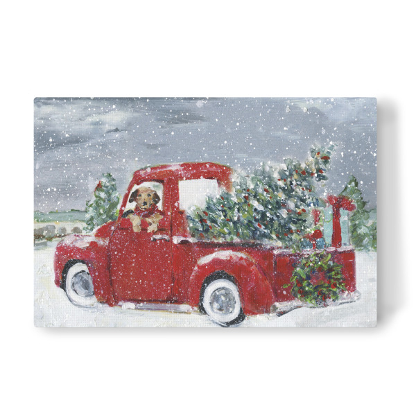 Leinwandbild "K9 Weihnachtszeit" artboxONE - Tiere,Weihnachten - Hund,Weihnachten,Weihnachtsbaum,Roter lkw,Schnee,Urlaub