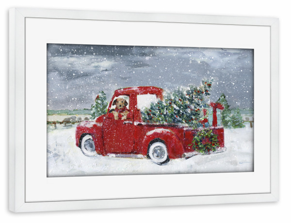 Poster mit Rahmen weiß "K9 Weihnachtszeit" artboxONE - Tiere,Weihnachten - Hund,Weihnachten,Weihnachtsbaum,Roter lkw,Schnee,Urlaub