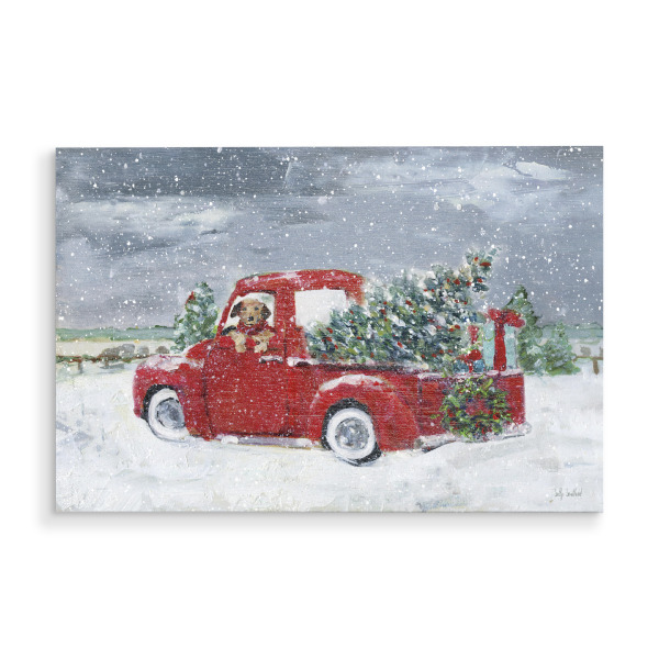 Holzbild "K9 Weihnachtszeit" artboxONE - Tiere,Weihnachten - Hund,Weihnachten,Weihnachtsbaum,Roter lkw,Schnee,Urlaub