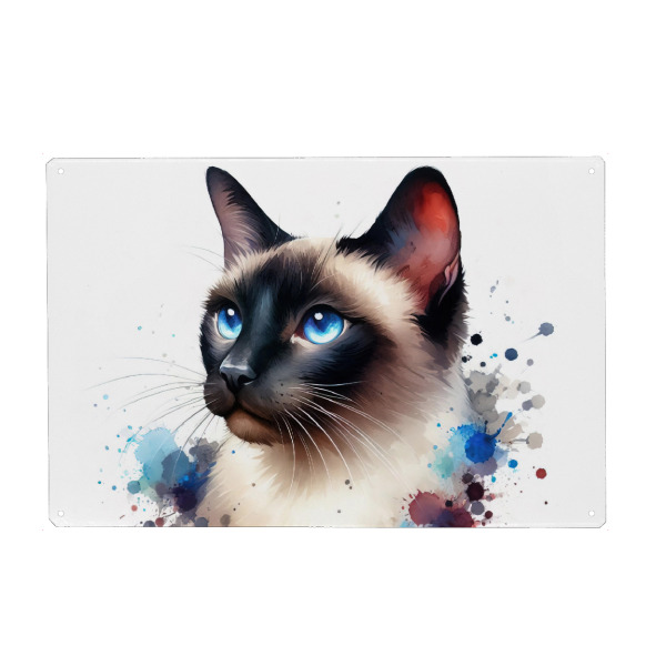 Holzbild "Samesische Katzenporträt" artboxONE - Tiere,Abstrakt - Katze,Siamesische katze,Aquarell,Tierporträt,Haustier,Flauschig,Blau,Grau