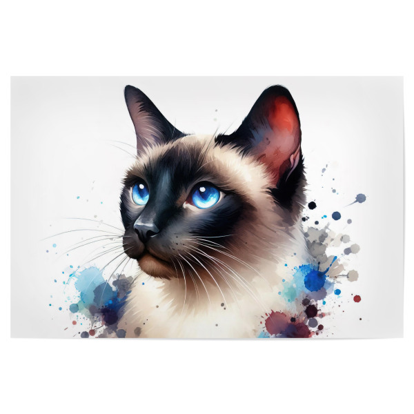Poster 30x20 cm "Samesische Katzenporträt" artboxONE - Tiere,Abstrakt - Katze,Siamesische katze,Aquarell,Tierporträt,Haustier,Flauschig,Blau,Grau