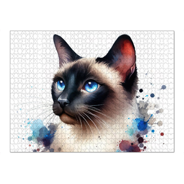 Puzzle Ravensburger "Samesische Katzenporträt" artboxONE - Tiere,Abstrakt - Katze,Siamesische katze,Aquarell,Tierporträt,Haustier,Flauschig,Blau,Grau
