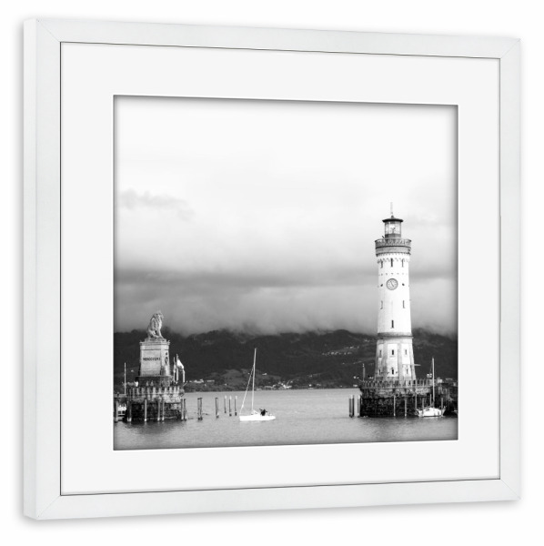Poster mit Rahmen weiß "Lindau, Hafen" artboxONE - Schwarzweiß,Reise / Länder