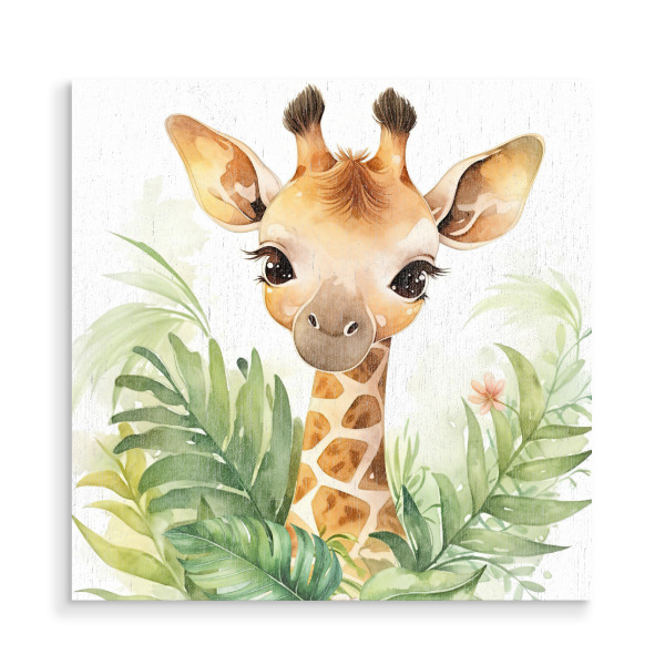 Holzbild "Gentle Jungle Giraffe" artboxONE - Für Kinder,Tiere - Baby giraffe,Jungle animal,Watercolor art,Cute animal,Nursery decor,Tropical leaves