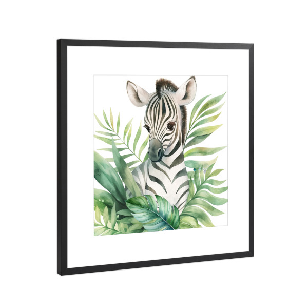 Poster mit Rahmen Schwarz (Metallic) "Shy Zebra in the Greens" artboxONE - Für Kinder,Tiere