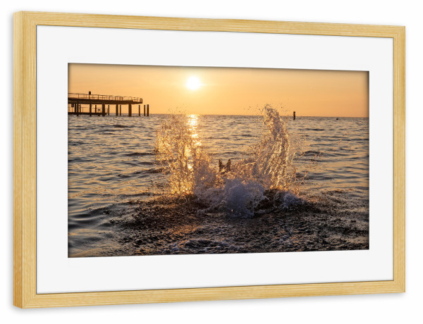 Poster mit Rahmen kiefer "Spaß an der Ostsee" artboxONE - Natur,Tiere,Reise / Strand und Meer - Ostsee,Strand,Hund,Wasserspritzer,Sonnenaufgang