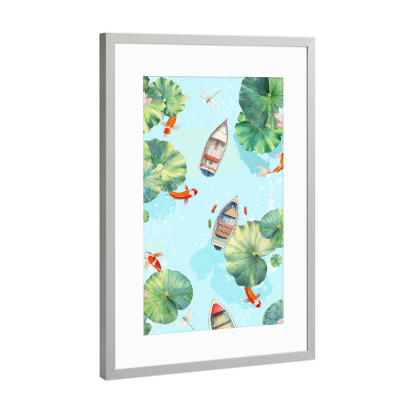 Poster mit Rahmen Silber "Pondday" artboxONE - Natur,Tiere - Natur,Teich,Frisch,Chinesisch,Japan,Koi,Sommer,Boote