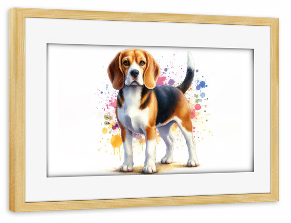Poster mit Rahmen kiefer "Beagle Hund b" artboxONE - Tiere,Abstrakt - Beagle,Welpe,Hund,Aquarell,Porträt,Tier,Haustier,Kunst,Süß,Malerei