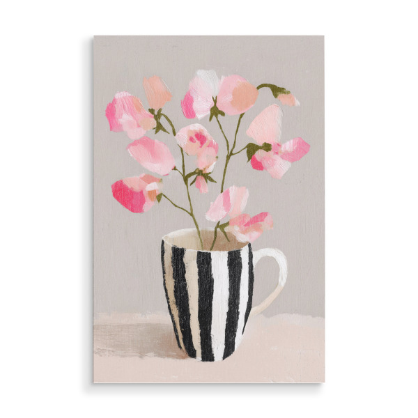 Holzbild "Streifentasse mit Rosa Blüten" artboxONE - Natur,Floral,Geometrie