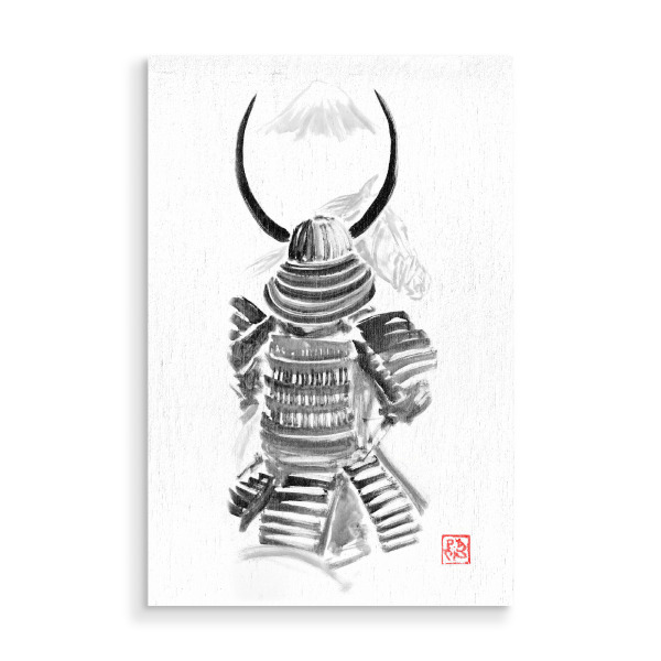 Holzbild "Samurai beobachtet Fuji" artboxONE - Menschen,Schwarzweiß,Reise / Asien,Männer - Sumie,Japan,Samurai,Fuji,Pferd