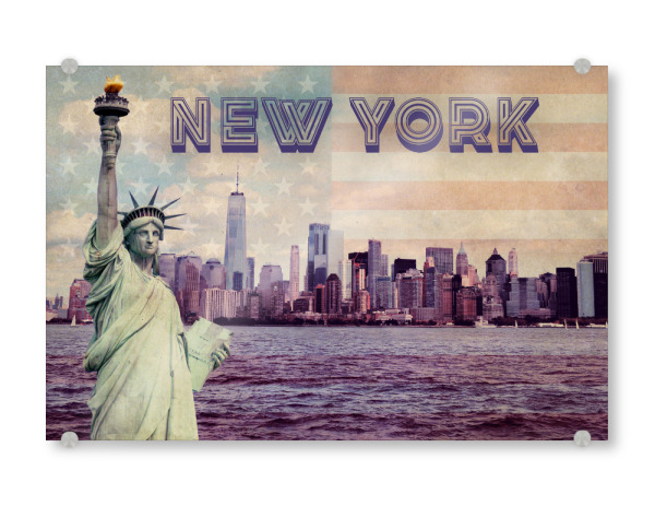 Acrylglasbild "New York Skyline with Miss Liberty" artboxONE - Städte / New York,Typografie,Reise,Reise / Länder