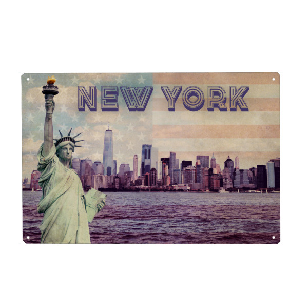 Metall Poster "New York Skyline with Miss Liberty" artboxONE - Städte / New York,Typografie,Reise,Reise / Länder