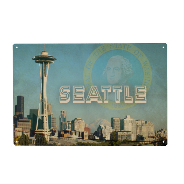 Holzbild "Seattle Skyline with pale Flag" artboxONE - Städte,Reise,Reise / Länder