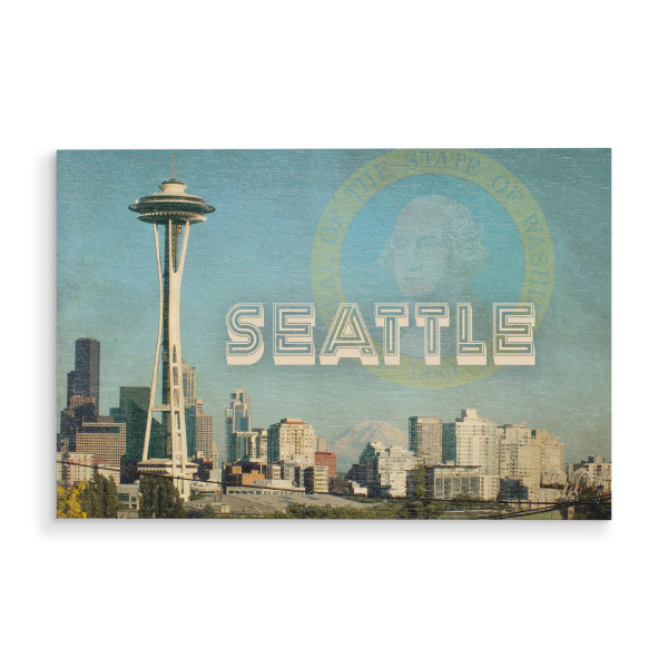 Holzbild "Seattle Skyline with pale Flag" artboxONE - Städte,Reise,Reise / Länder