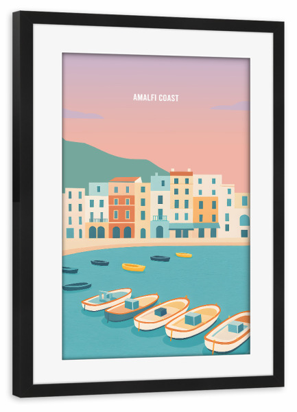 Poster mit Rahmen schwarz "Amalfi Coast Beach Reisepostkarte" artboxONE - Reise,Architektur,Reise / Strand und Meer