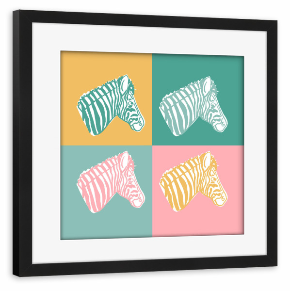 Poster mit Rahmen schwarz "4 Zebras" artboxONE - Tiere - Zebra,Pastell,Pastellfarben,Wildtiere,Afrika,Popart,Karos,Karomuster,Tierportrait,Farbenfroh