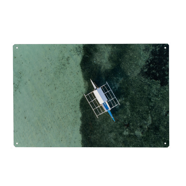Metall Poster "Fischerboot auf den Philippinen" artboxONE - Natur - Philippinen,Drohne,Boot,Angeln,Meer,Meer,Luft,Riff,Reisen,Freizeit,Urlaub,Tropisch