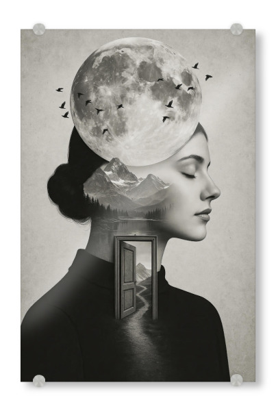 Acrylglasbild "Dreamtopia" artboxONE - Abstrakt,Für Mama - Surreal,Collage,Frau,Mond,Abstrakt,Schwarz weiss,Fotografie,Illustration,Ki,Treechild