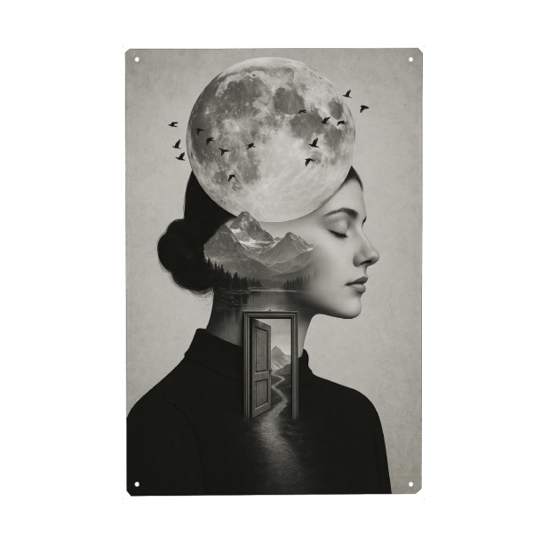 Holzbild "Dreamtopia" artboxONE - Abstrakt,Für Mama - Surreal,Collage,Frau,Mond,Abstrakt,Schwarz weiss,Fotografie,Illustration,Ki,Treechild
