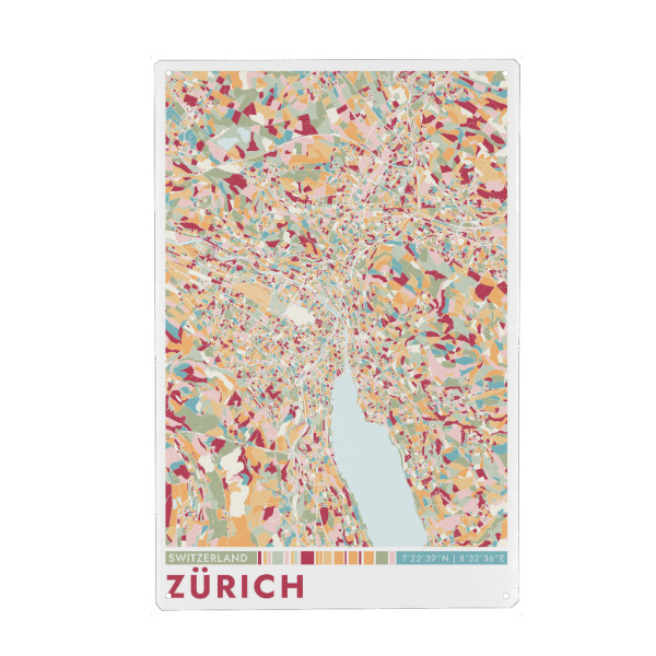 Metall Poster "Stadt Zürich Colormap" artboxONE - Städte / Zürich,Kartografie