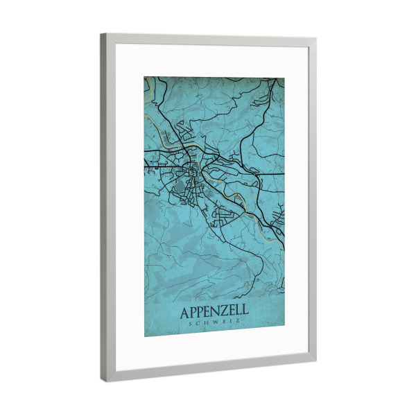 Poster mit Rahmen Silber "Stadt Appenzell Retro Map" artboxONE - Städte / Weitere,Kartografie