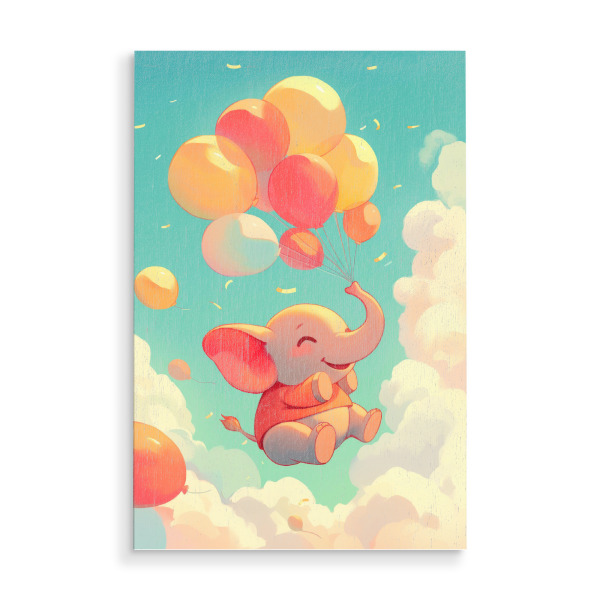 Holzbild "Federleicht" artboxONE - Tiere - Elefant,Luftballons,Ballon,Himmel,Fliegen,Träumen,Glücklich,Kinderzimmer,Kinderzimmerdekoration,Niedlich