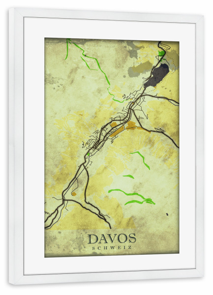 Poster mit Rahmen weiß "Stadt Davos Vintage" artboxONE - Städte / Weitere,Kartografie