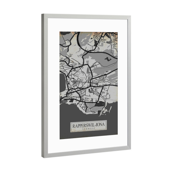 Poster mit Rahmen Silber "Rapperswil-Jona Retro Design" artboxONE - Städte / Weitere,Kartografie