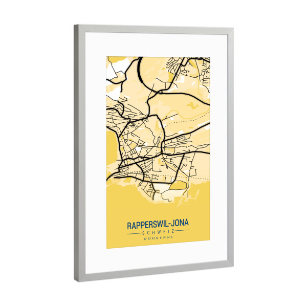 Poster mit Rahmen Silber "Stadt Karte Rapperswil-Jona" artboxONE - Städte / Weitere,Kartografie