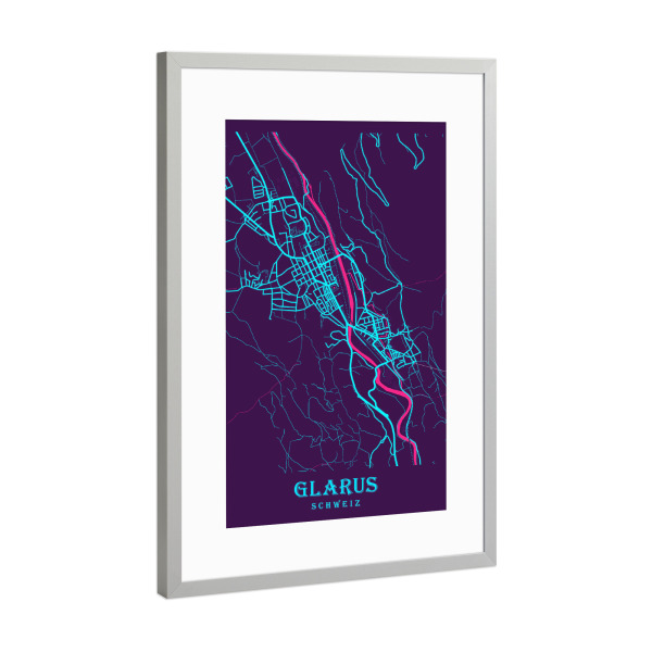 Poster mit Rahmen Silber "Karten Map Glarus" artboxONE - Städte / Weitere,Kartografie