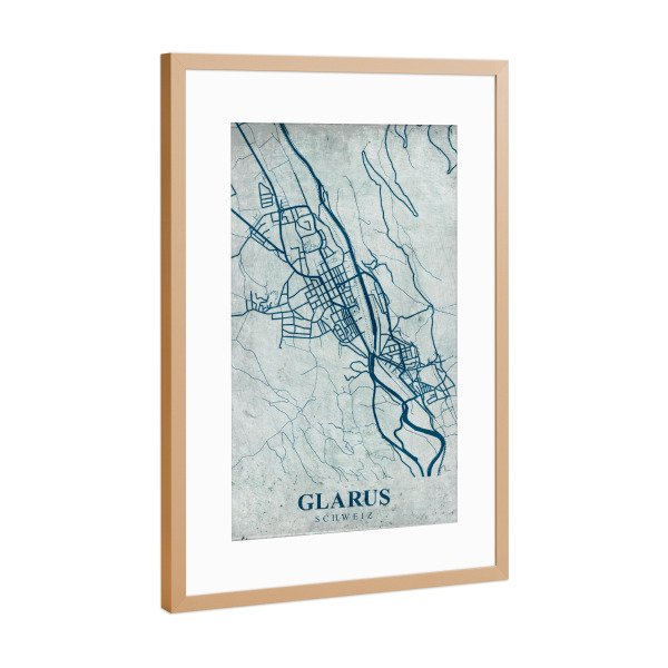 Poster mit Rahmen Kupfer "Glarus City Retro" artboxONE - Städte / Weitere,Kartografie