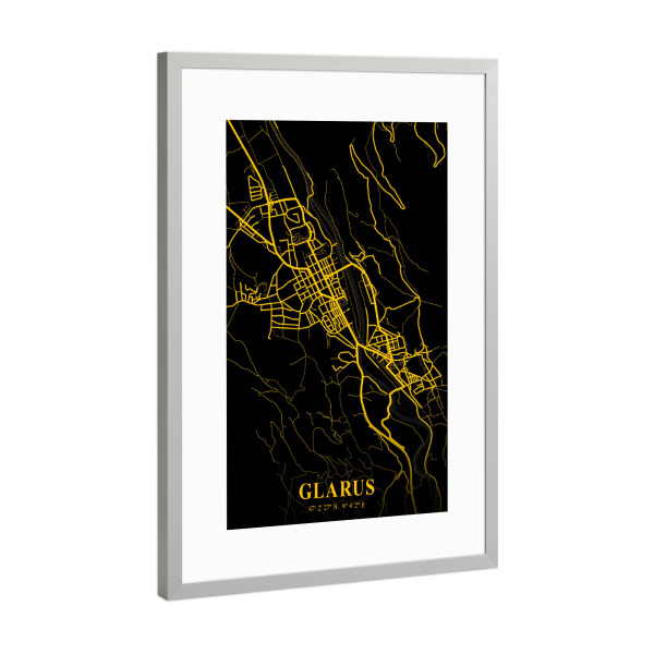 Poster mit Rahmen Silber "Glarus Stadtkarte" artboxONE - Städte / Weitere,Kartografie