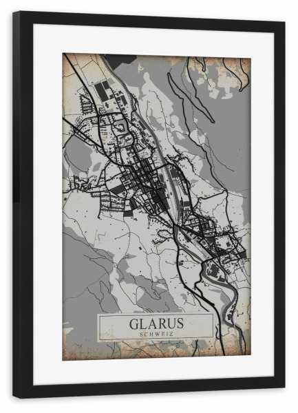 Poster mit Rahmen schwarz "Stadt Glarus Vintage Map" artboxONE - Städte / Weitere,Kartografie