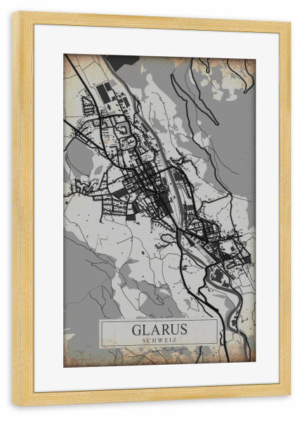 Poster mit Rahmen kiefer "Stadt Glarus Vintage Map" artboxONE - Städte / Weitere,Kartografie