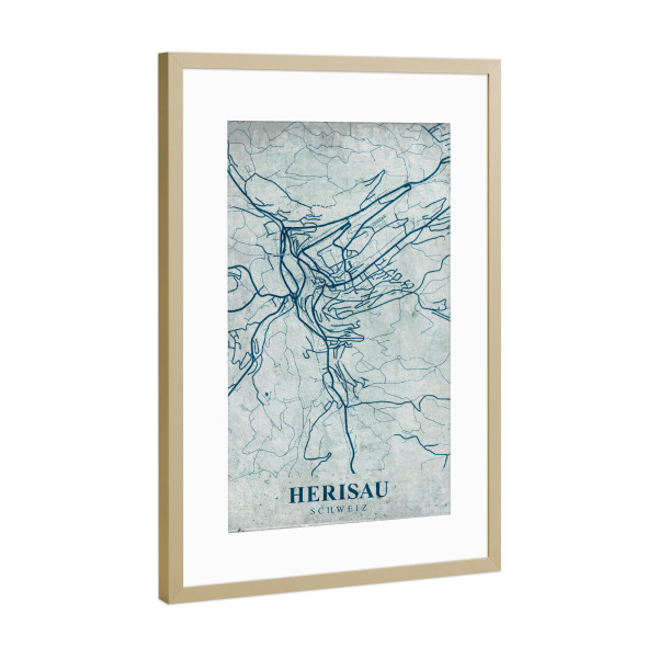 Poster mit Rahmen Gold "Stadt Herisau Retro Map" artboxONE - Städte / Weitere,Kartografie