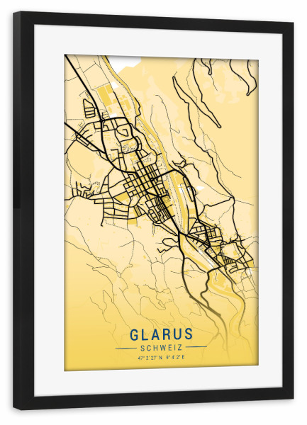 Poster mit Rahmen schwarz "Stadt Karte Glarus" artboxONE - Städte / Weitere,Kartografie