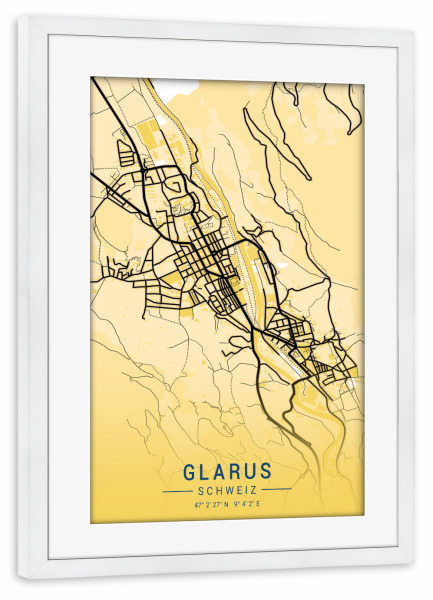 Poster mit Rahmen weiß "Stadt Karte Glarus" artboxONE - Städte / Weitere,Kartografie