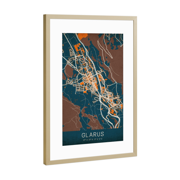 Poster mit Rahmen Gold "Stadt Glarus Retro" artboxONE - Städte / Weitere,Kartografie