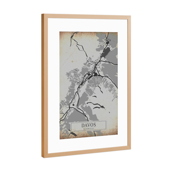 Poster mit Rahmen Kupfer "Stadt Davos Vintage Map" artboxONE - Städte / Weitere,Kartografie
