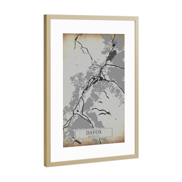 Poster mit Rahmen Gold "Stadt Davos Vintage Map" artboxONE - Städte / Weitere,Kartografie