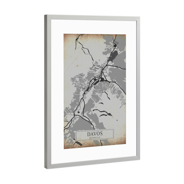 Poster mit Rahmen Silber "Stadt Davos Vintage Map" artboxONE - Städte / Weitere,Kartografie