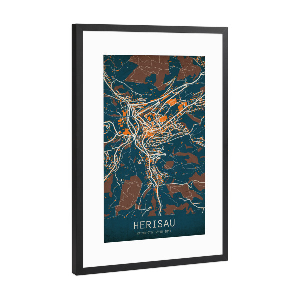 Poster mit Rahmen Schwarz (Metallic) "Herisau Retro Stadt" artboxONE - Städte / Weitere,Kartografie