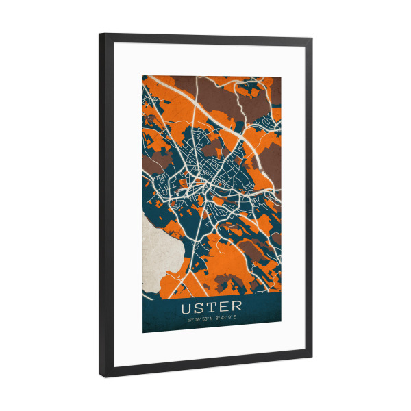 Poster mit Rahmen Schwarz (Metallic) "Stadt Uster Retro" artboxONE - Städte / Weitere,Kartografie