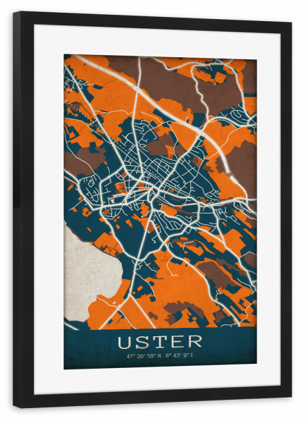 Poster mit Rahmen schwarz "Stadt Uster Retro" artboxONE - Städte / Weitere,Kartografie