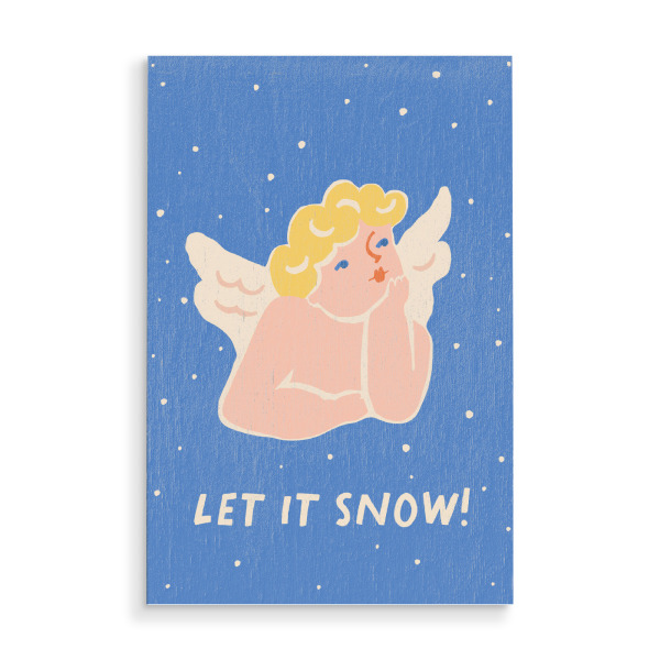 Holzbild "Happy Christmas (58)" artboxONE - Für Kinder,Weihnachten,Für Mama - Weihnachten,Engel,Text,Let it snow,Blau,Bunt,Illustration