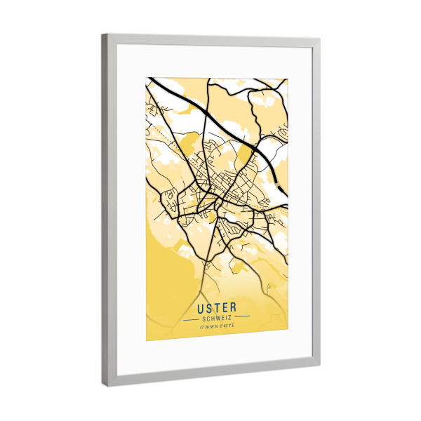 Poster mit Rahmen Silber "Stadt Karte Uster" artboxONE - Städte / Weitere,Kartografie