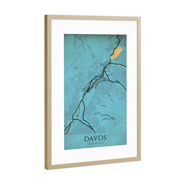 Poster mit Rahmen Gold "Stadt Davos Retro Map" artboxONE - Städte / Weitere,Kartografie