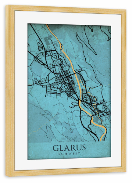 Poster mit Rahmen kiefer "Stadt Glarus Retro Map" artboxONE - Städte / Weitere,Kartografie